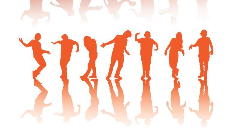 Das Bild zeigt die graphischen Illustration der Silouetten tanzender Menschen, welche auf dem Untergrund gespiegelt werden.